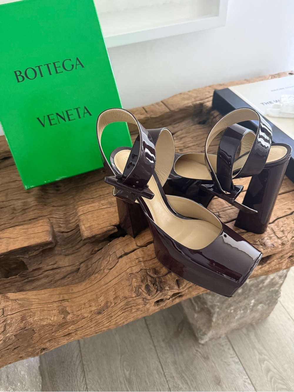 BOTTEGA VENETA Patent Platform Block Heel Ankle-Strap Pumps - Dark Brown - Picture 9 of 15
